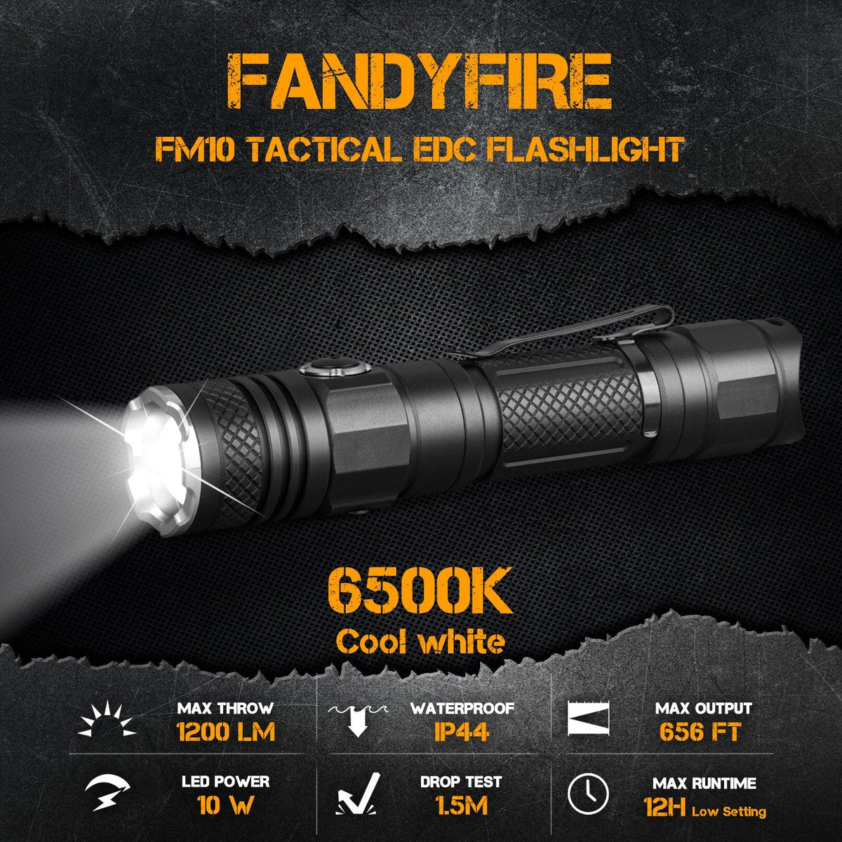 FandyFire M10 1200 Lumen Tactical Flashlight, 984ft Range, Waterproof